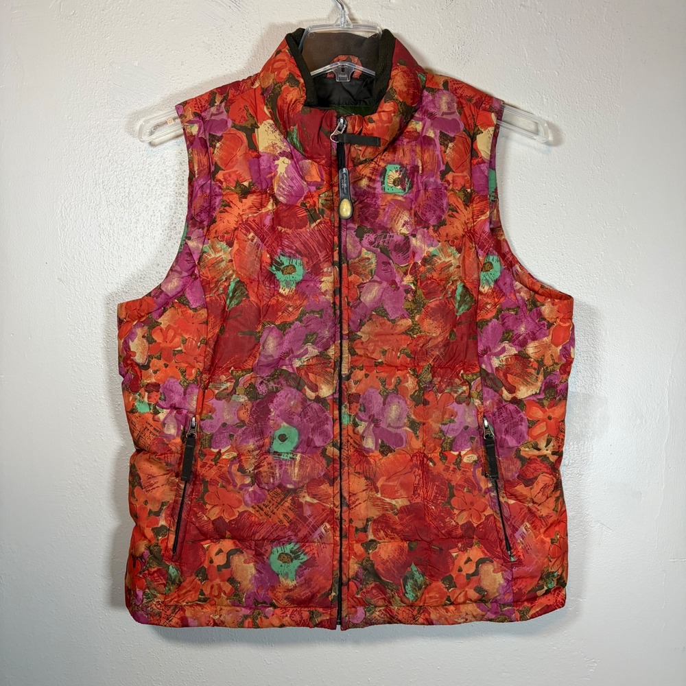 Eddie Bauer Womens Floral Goose Down Puffer Vest Red Purple Orange Large